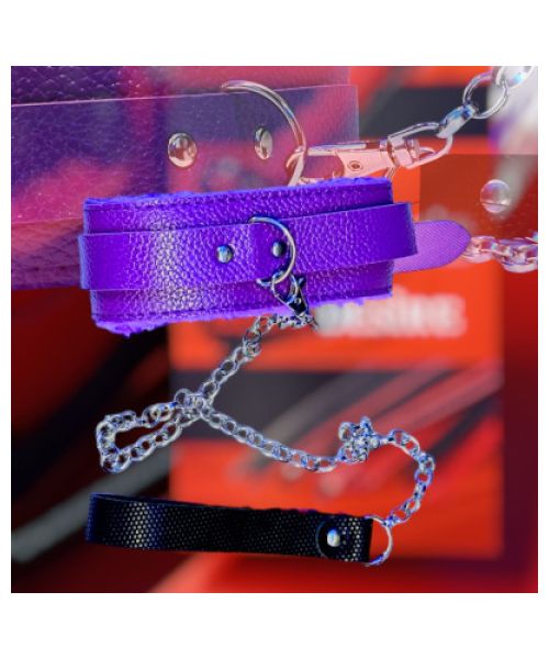 М'який фіолетовий нашийник "Love leash" з ланцюжком-повідцем та зручним чорним тримачем Екошкіра-метал