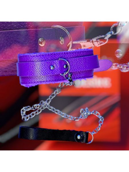 М'який фіолетовий нашийник "Love leash" з ланцюжком-повідцем та зручним чорним тримачем Екошкіра-метал