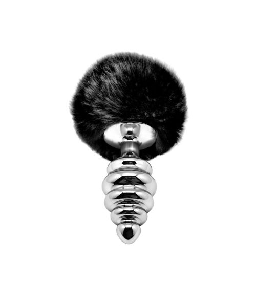 Металева анальна пробка Кролячий хвостик Alive Fluffy Twist Plug L Black, діаметр 3,8 см