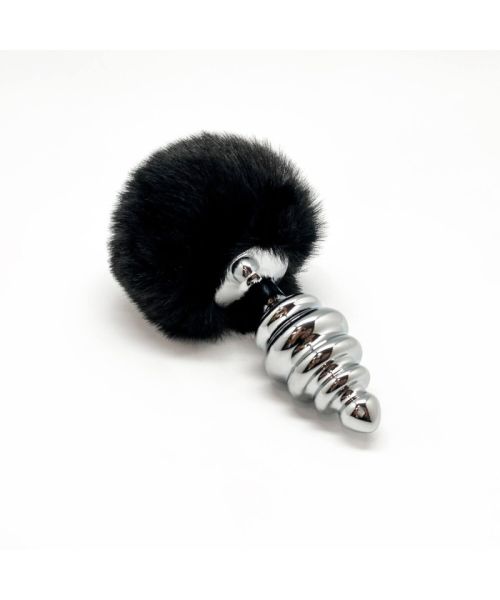 Металева анальна пробка Кролячий хвостик Alive Fluffy Twist Plug L Black, діаметр 3,8 см