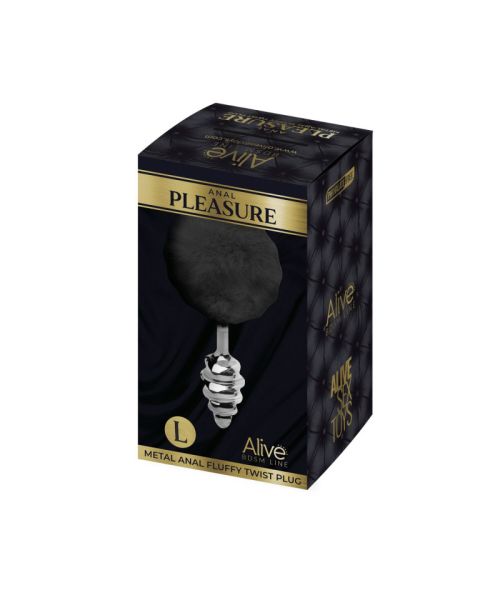 Металева анальна пробка Кролячий хвостик Alive Fluffy Twist Plug L Black, діаметр 3,8 см