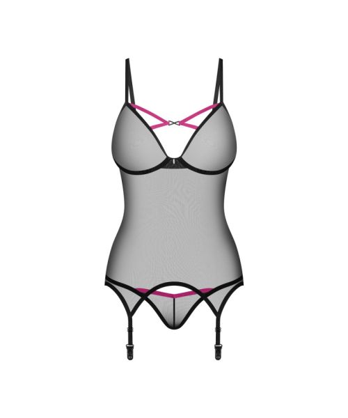 Корсет Obsessive Novenes corset & thong, XS/S, прозорий, відкрита спина, стрінги в комплекті