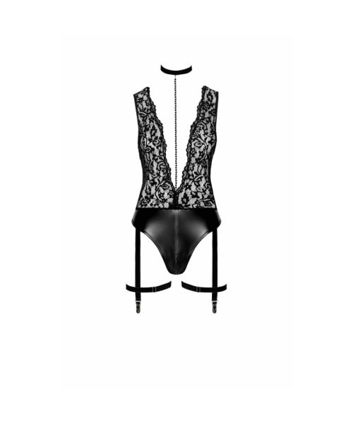 Боді Noir Handmade F297 Libido, S, чорне, мереживо, низ під латекс, відкритий доступ, гартери