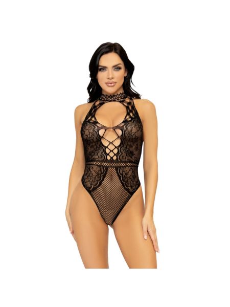 Leg Avenue Net and lace halter bodysuit OS Black