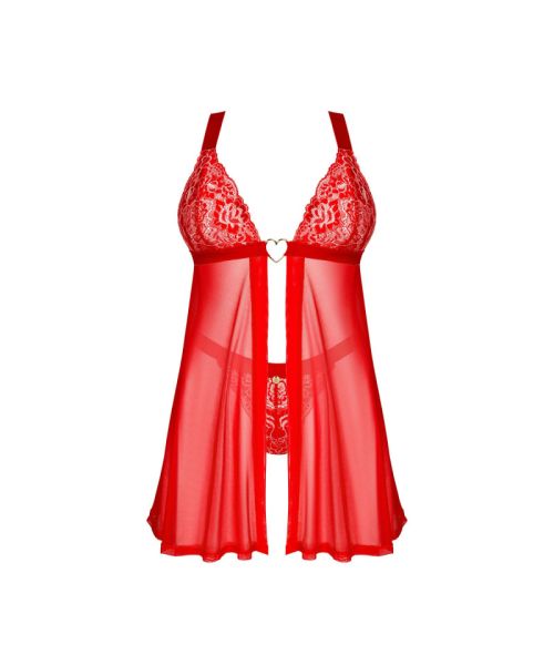 Бебі-дол Obsessive Elianes babydoll & thong, XL/2XL, червоний, мереживний ліф, трусики-танга в наборі