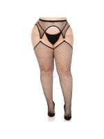 Панчохи Leg Avenue Stokings with O-ring Attached Garter Belt, 1X/2X, чорні, у сітку, імітація пояса