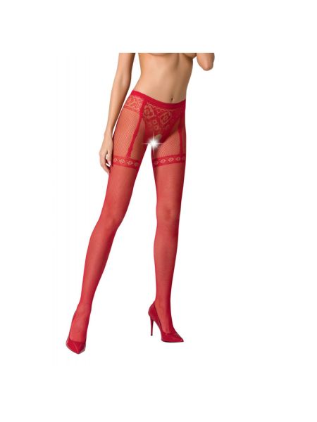 Колготки-бодістокінги Passion S012 One Size, Red, імітація панчіх, пояса та мереживних трусиків