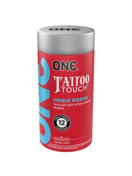 Презервативи ONE Tattoo Touch, 12 шт, рельєф у вигляді тату, 3 різновиди, подарункове паковання-тубус