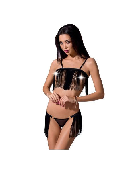 Комплект білизни Passion Exclusive KASSANDRA SET OpenBra L/XL black, ліф з бахроми, трусики-спідниця