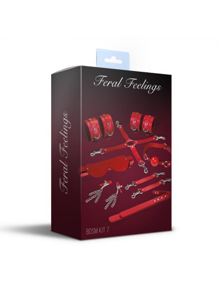 Набір Feral Feelings BDSM Kit 7 Red, наручники, поножі, конектор, маска, падл, кляп, затискачі