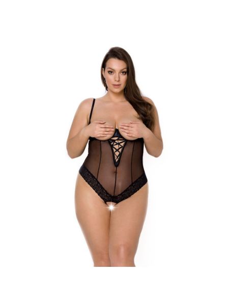 Боді Passion Exclusive NORTH BODY 6XL/7XL black, відкриті груди, з доступом, вініл та мережива