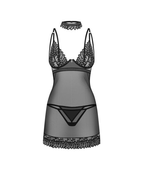 Сорочка Obsessive Donarella chemise & thong, XL/2XL, мереживний ліф, чокер та стрінги в комплекті