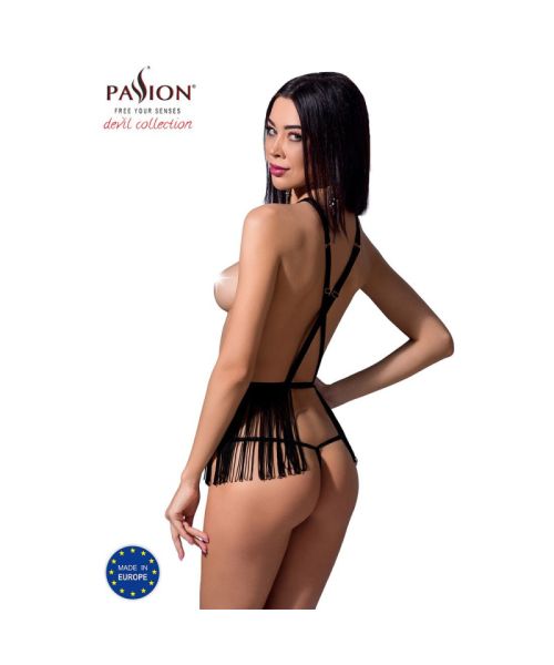 Комплект білизни Passion Exclusive INDRA SET OpenBra L/XL, black, стрінги, портупея з бахромою