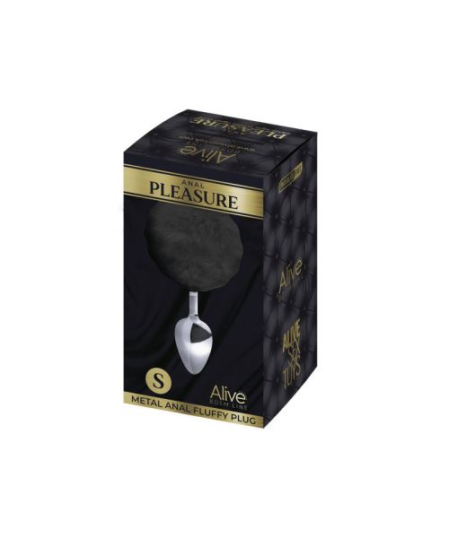 Металева анальна пробка Кролячий хвостик Alive Fluffy Plug S Black, діаметр 2,8 см