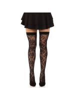 Панчохи Leg Avenue Wild rose net thigh highs, One Size, чорні, широка резинка, малюнок-троянди