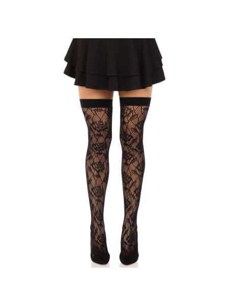 Панчохи Leg Avenue Wild rose net thigh highs, One Size, чорні, широка резинка, малюнок-троянди