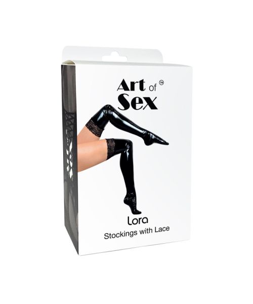 Сексуальні вінілові панчохи Art of Sex - Lora з мереживом, розмір L, з ефектом мокрого оксамиту