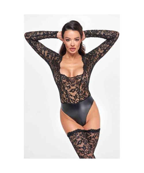 Боді Noir Handmade F296 Psyche, XL, мереживо, довгий рукав, низ під латекс, з доступом