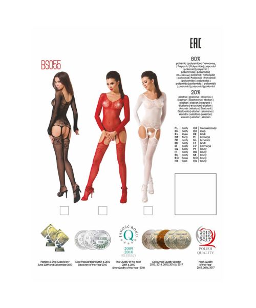 Бодістокінг Passion BS055 red, комбінезон, імітація панчіх і пояса, довгий рукав, закрите плече