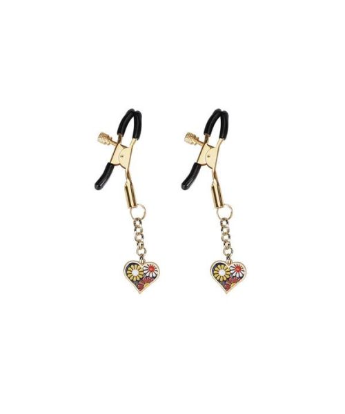 Затискачі для сосків з підвіскою Liebe Seele Nipple Clamps Gold Heart-shaped Flowers on Blue