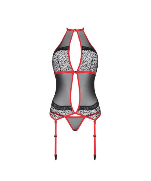 Корсет з пажами Passion SATARA CORSET XXL/XXXL red, стрінги, мереживо, застібки спереду та ззаду