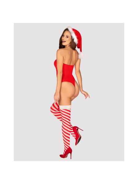 Тедді Obsessive Kissmas teddy, L/XL, червоне, без бретелей, чокер, панчохи та шапка з помпоном у наборі