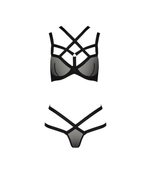 Комплект білизни Passion Exclusive HAGAR SET S/M, black, стрепи, трусики та ліф