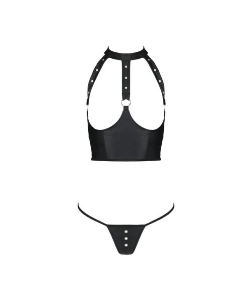 Комплект білизни з відкритими грудьми Passion GENEVIA SET WITH OPEN BRA S/M black, корсет, стрінги