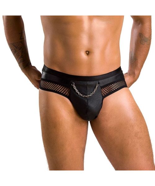Чоловічі труси з ланцюжком Passion 030 SLIP TOM L/XL Black, екошкіра, відкриті сідниці