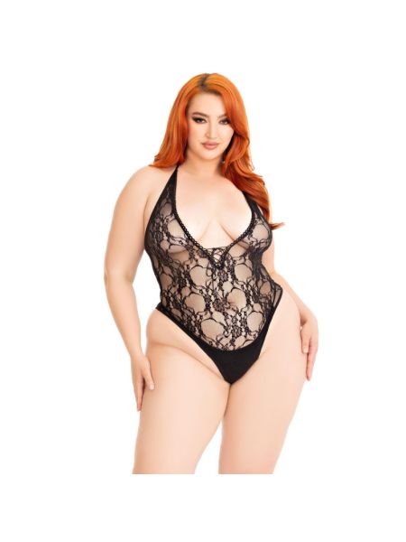 Тедді Leg Avenue Floral lace deep-V teddy, 1X/2X, чорне, мереживне, відкрита спина, високі трусики