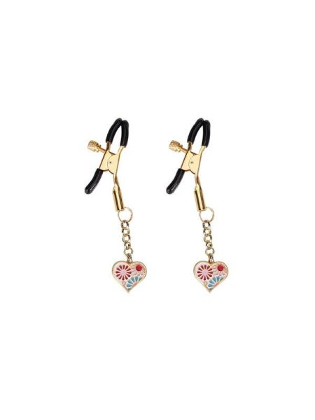 Затискачі для сосків з підвіскою Liebe Seele Nipple Clamps Gold Heart-shaped Flowers on White