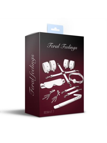 Набір Feral Feelings BDSM Kit 7 White, наручники, поножі, конектор, маска, падл, кляп, затискачі
