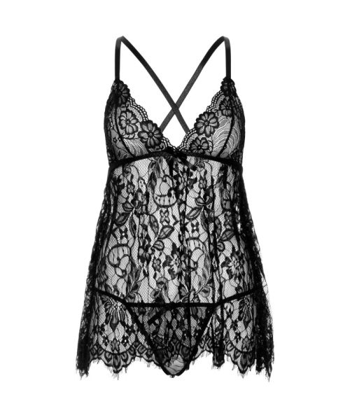 Сорочка бебі-дол Leg Avenue Floral lace babydoll & string Black S, стрінги