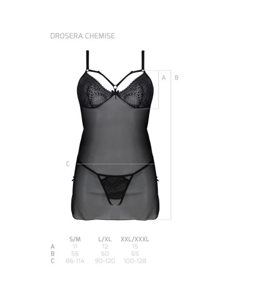Пеньюар Passion DROSERA CHEMISE black, L/XL, мереживний ліф зі стрепами, трусики в комплекті
