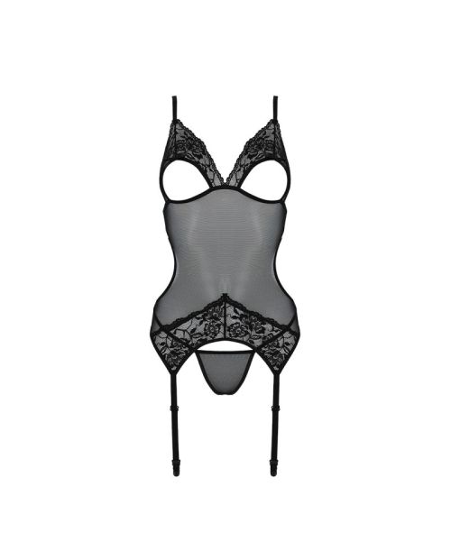 Корсет із підв’язками та ажурним ліфом Passion CHRISTA CORSET L/XL, black, стрінги в комплекті