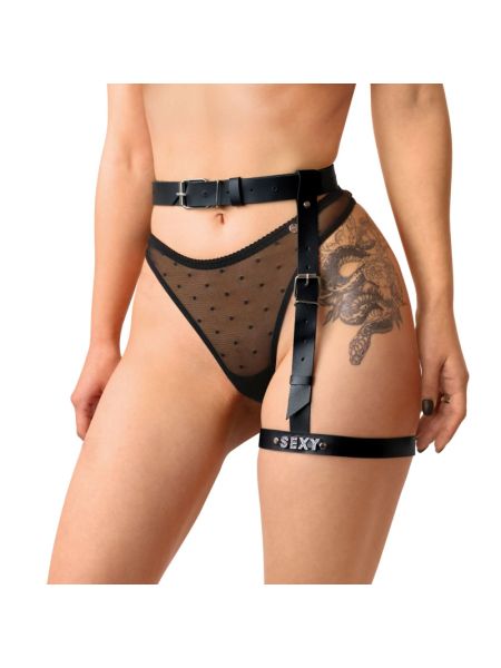 Гартер на ногу Art of Sex - Naomi з написом SEXY, натуральна шкіра, розмір XS-2XL, колір чорний