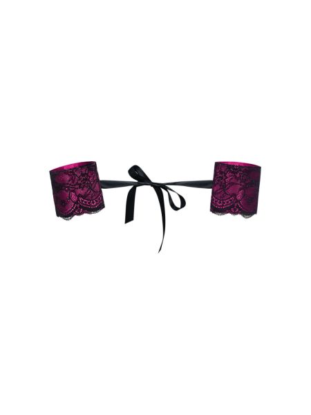 Атласні наручники-манжети на стрічках Obsessive Roseberry cuffs, pink, прикрашені мереживом