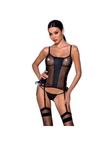 Сітчастий корсет з люверсами і знімними пажами Passion MALWIA CORSET 2XL/3XL black екошкіра, стрінги