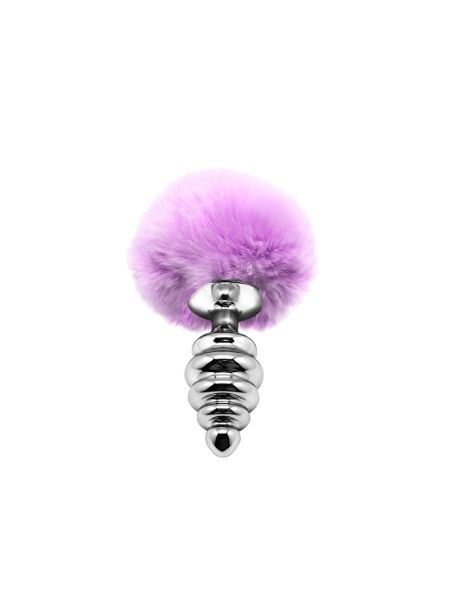 Металева анальна пробка Кролячий хвостик Alive Fluffy Twist Plug M Purple, діаметр 3,4 см