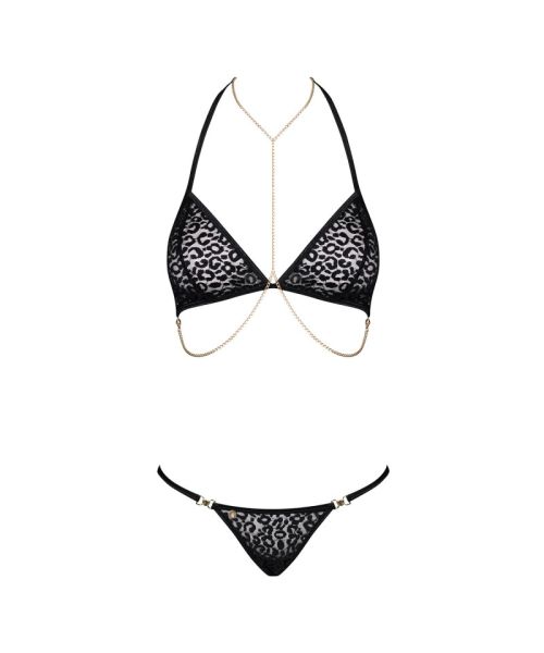 Комплект із ланцюжками Obsessive Pantheria 2-pcs set black S/M, бюстгальтер, трусики