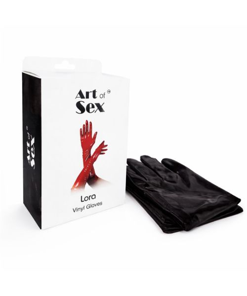 Вінілові рукавички Art of Sex - Lora, розмір M, колір чорний з ефектом мокрого оксамиту