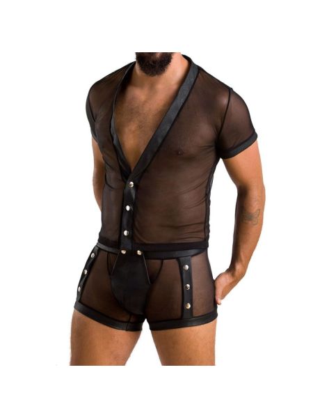 Комплект сітчастої чоловічої білизни Passion 052 SET MICHAEL L/XL black, сорочка, боксери, заклепки