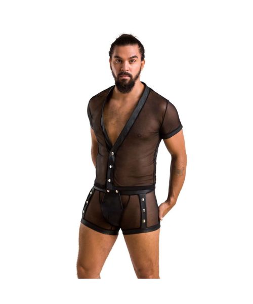 Комплект сітчастої чоловічої білизни Passion 052 SET MICHAEL L/XL black, сорочка, боксери, заклепки