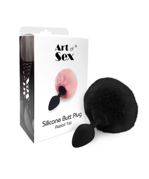 Силіконова анальна пробка М Art of Sex - Silicone Butt plug Rabbit Tail Black, діаметр 3,5 см