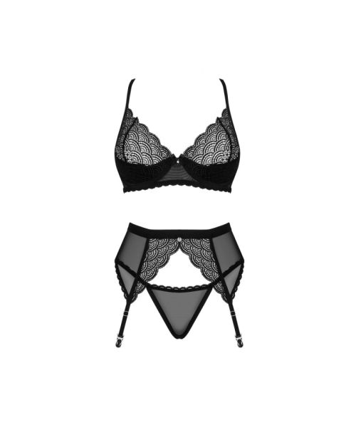 Комплект Obsessive Chemeris 3-pcs set XL/2XL, стрінги, пояс для панчіх, бюстгальтер