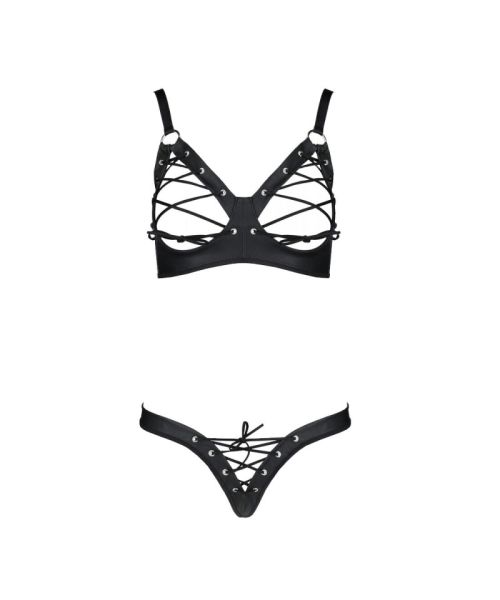 Комплект з екошкіри Passion CELINE BIKINI 4XL/5XL black, відкритий бра, стрінги зі шнурівкою