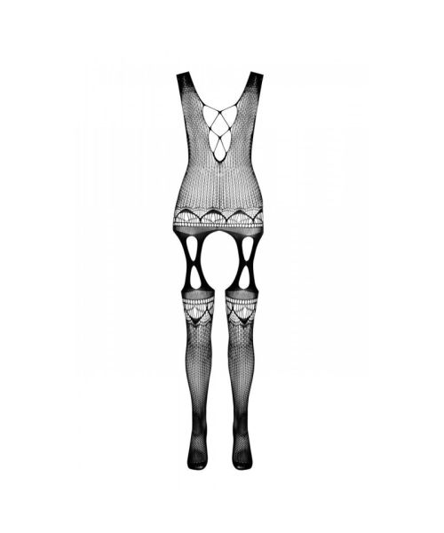 Бодістокінг з плетінням на грудях Passion BS099 One Size, black, відкритий доступ,імітація підв’язок