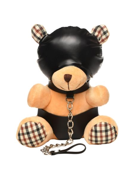 Плюшевий ведмедик HOODED Teddy Bear БДСМ у шкіряному капюшоні з повідцем, 23x16x12 см