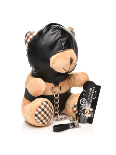 Плюшевий ведмедик HOODED Teddy Bear БДСМ у шкіряному капюшоні з повідцем, 23x16x12 см