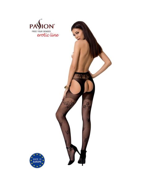 Сексуальні колготки-бодістокінги Passion S022 One Size, Black, імітація панчіх і пояса з гартерами